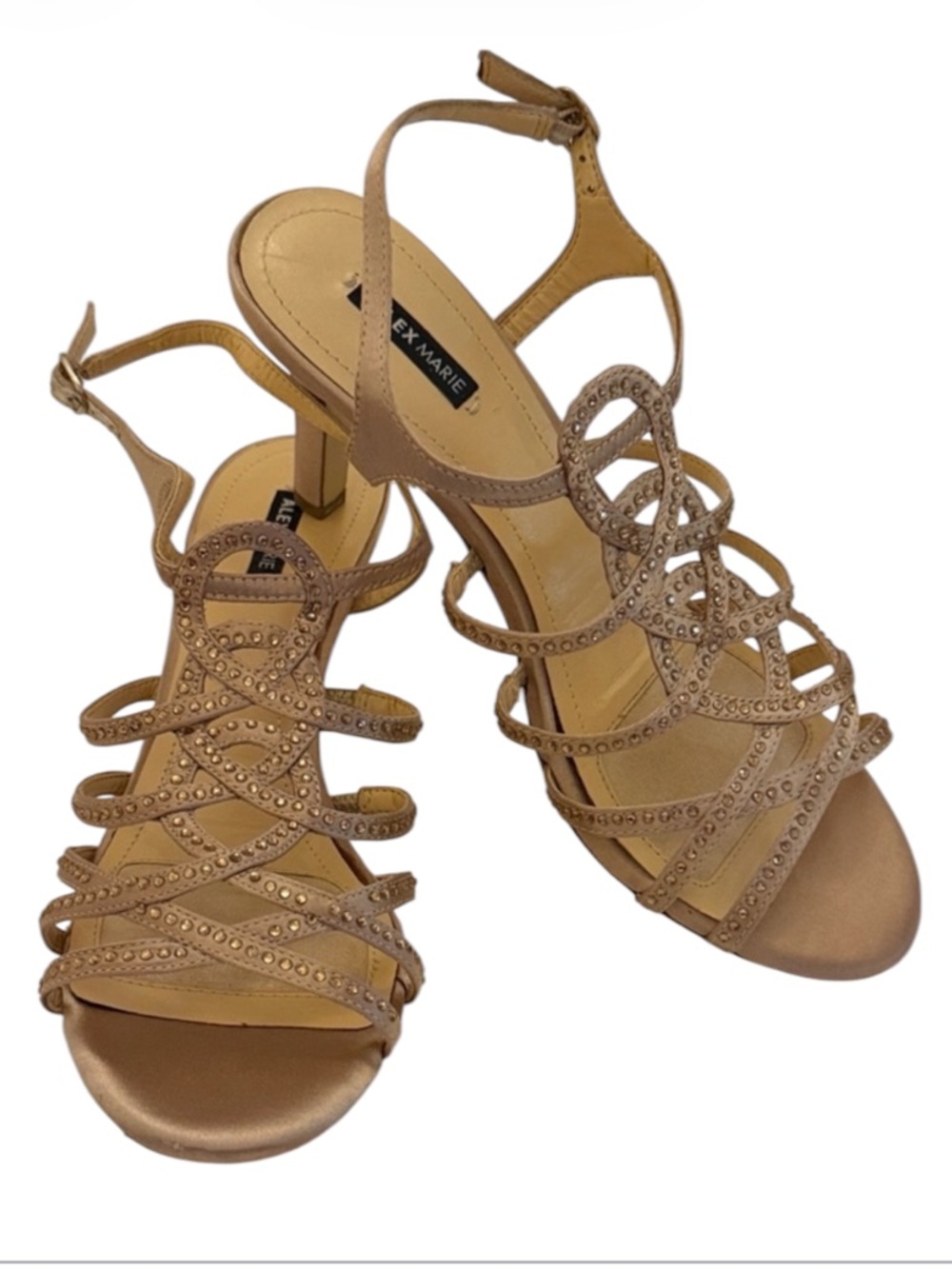 Alex Marie Champagne Satin Rhinestone Strappy Heeled Sandals Size 8.5
